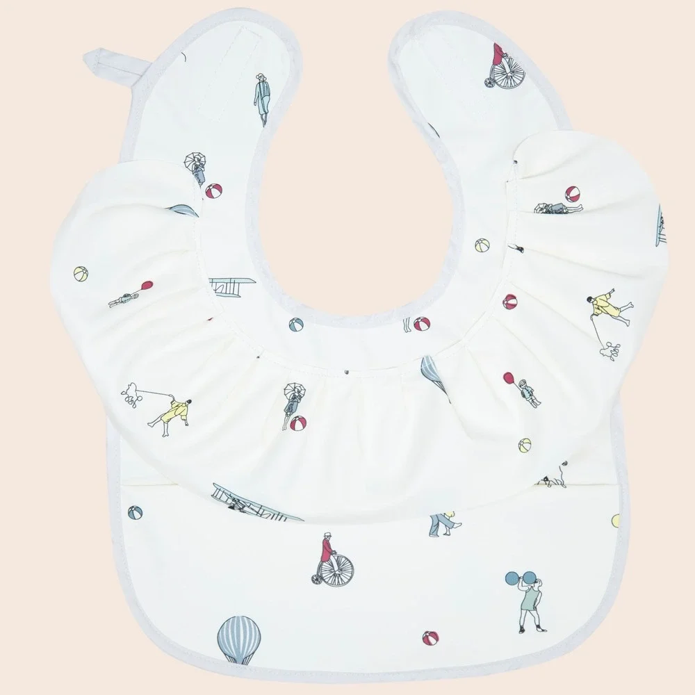 Vintage Style Hot Air Balloon Biplane Print Baby Bib W/ Ruffle Catch-All Pocket